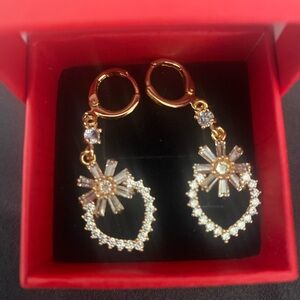 Gold Tone Crystal Floral Hoop Drop Earrings - Women Jewelry